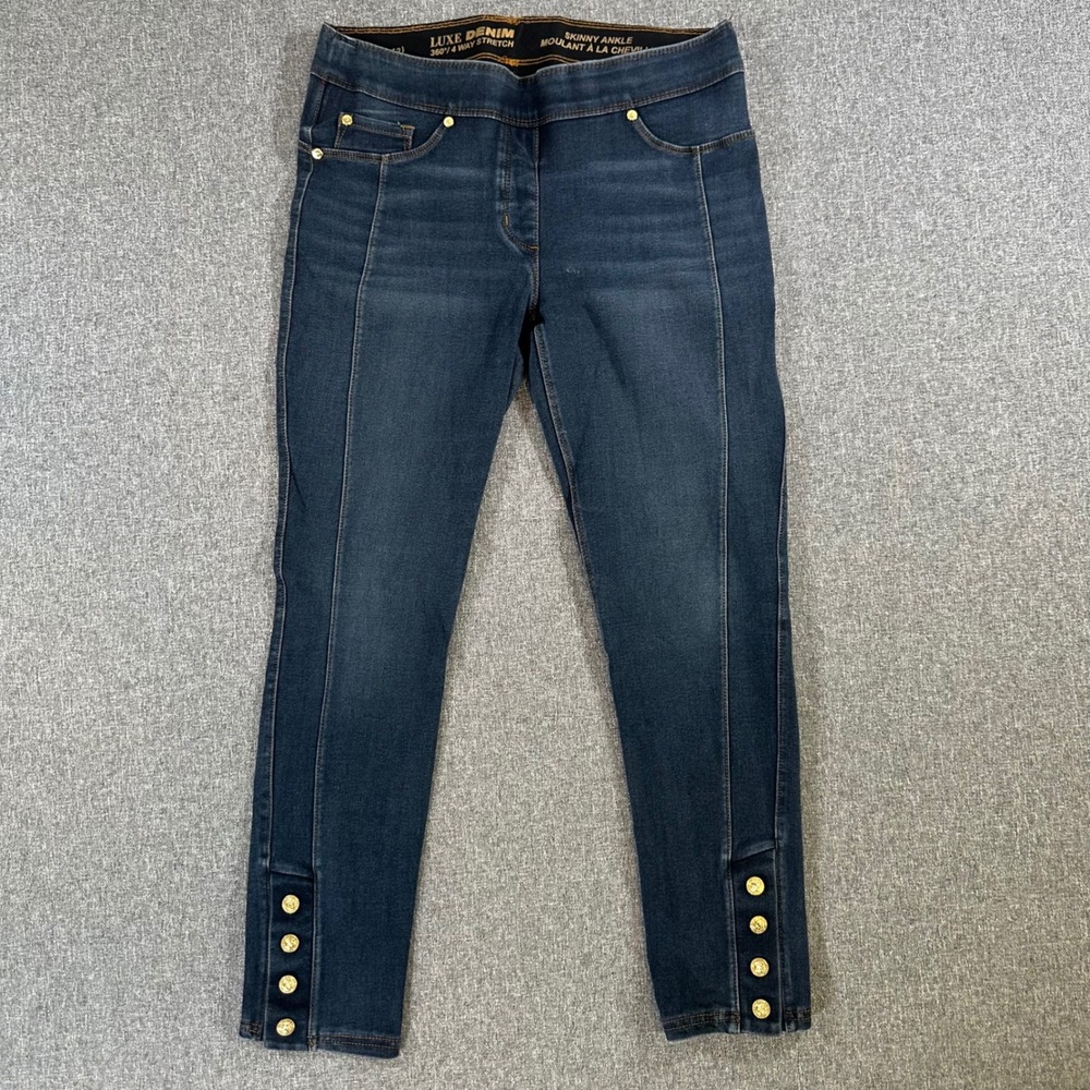 Luxe Denim Jeans Womens M Skinny Ankle Dark Blue 4-Way Stretch Gold Button Ankle